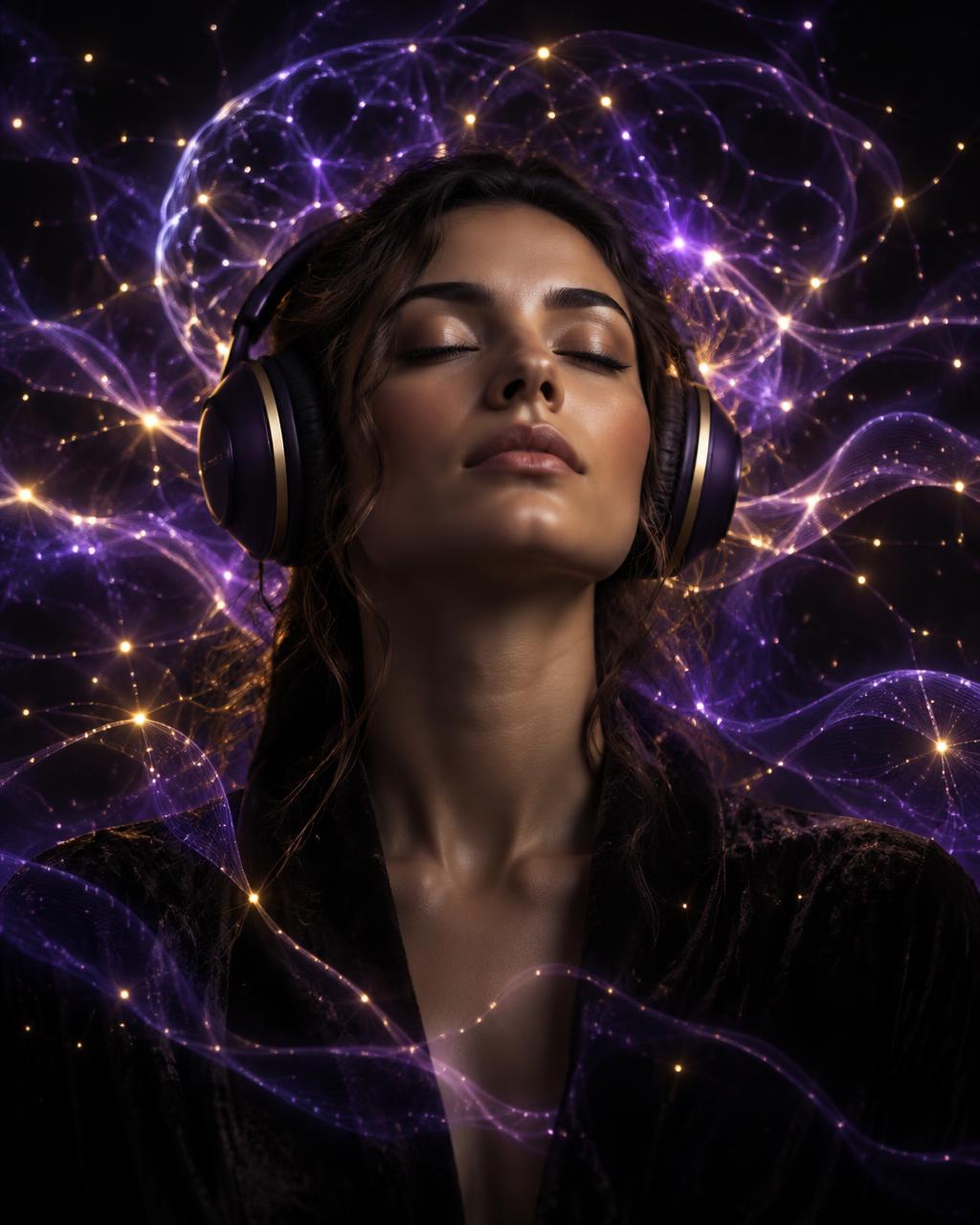 Mulher de olhos fechados ouvindo áudio de reprogramação mental com fones, envolvida por ondas neurais roxas